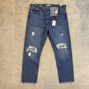 Levis Wedgie Straight Jeans Womens 32x28 Blue High Rise Distressed Hem Denim